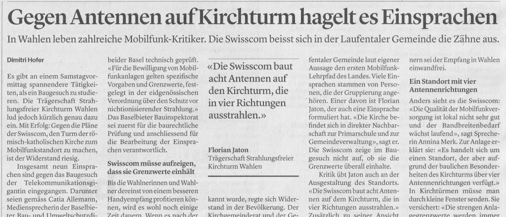 Titelbild_Papier-Artikel_BZ-Basel_Einsprachen_Mobilfunkantennen_Kirchturm_Wahlen